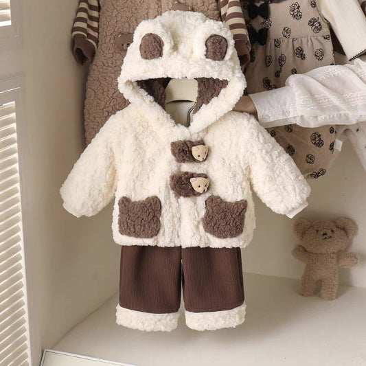 Warm Baby Clothing Set – Beige Coat with Brown Trousers
